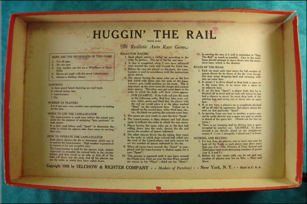  Selchow & Righter ; 1948 ; Hugging the rail ; vintage car-themed board game ; ancien jeu de société automobile ; Antikes Brettspiel Thema Automobil Autospiel ; 