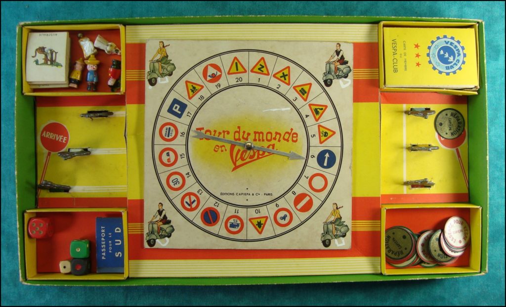 Le Tour du monde en Vespa ; Capiépa ; 1953 ; scooter ; vintage car-themed board game ; ancien jeu de société automobile ; Antikes Brettspiel Thema Automobil Autospiel ; 