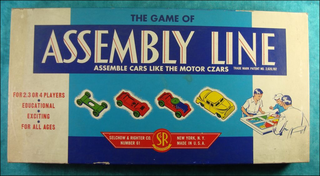 Brettspiel ; Board game ; Jeu de société ; Selchow & Righter ; 1953 ; Assembly Line ; Plymouth ; Chevrolet ; Studebaker ; Ford ;