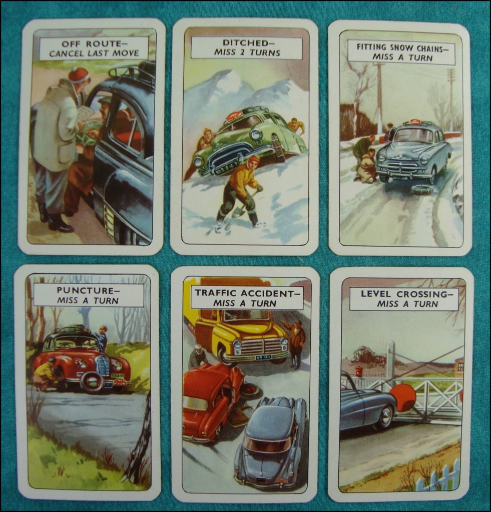 Brettspiel ; Board game ; Jeu de société ; 1954 ; Stirling Moss' Rally ; The game of the Monte-Carlo Rally ; Pepys ; Cadillac ; Oldsmobile ; Studebaker ; Renault Frégate ; Ford Zephyr ; Riley ; Jaguar ; Bentley ; Sunbeam Talbot ; M.G.