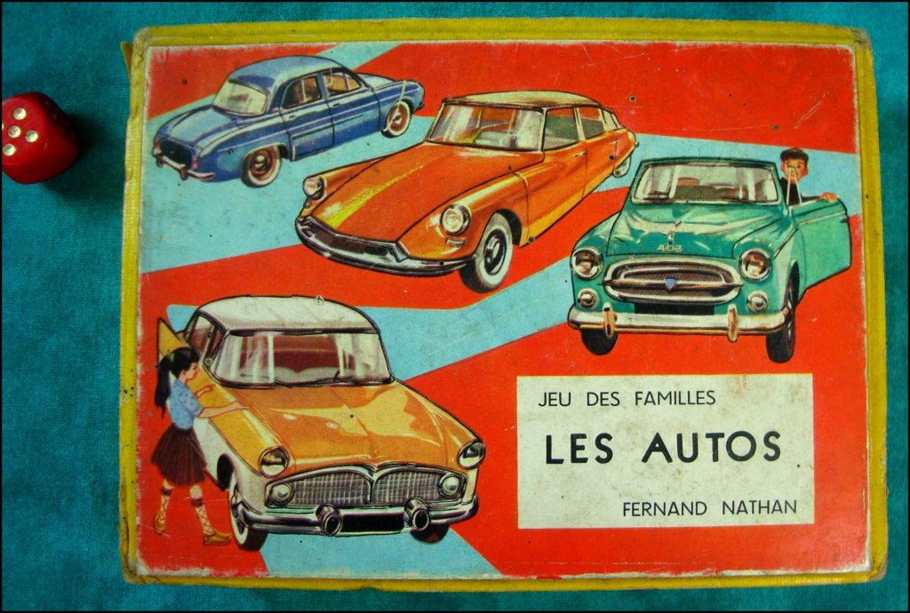 1958 - Les Autos, 7 familles ; Nathan ; Renault Dauphine ; Citroën DS ; Peugeot 403 ; Simca Chambord ; vintage car-themed board game ; ancien jeu de société automobile ; Antikes Brettspiel Thema Automobil Autospiel ; 