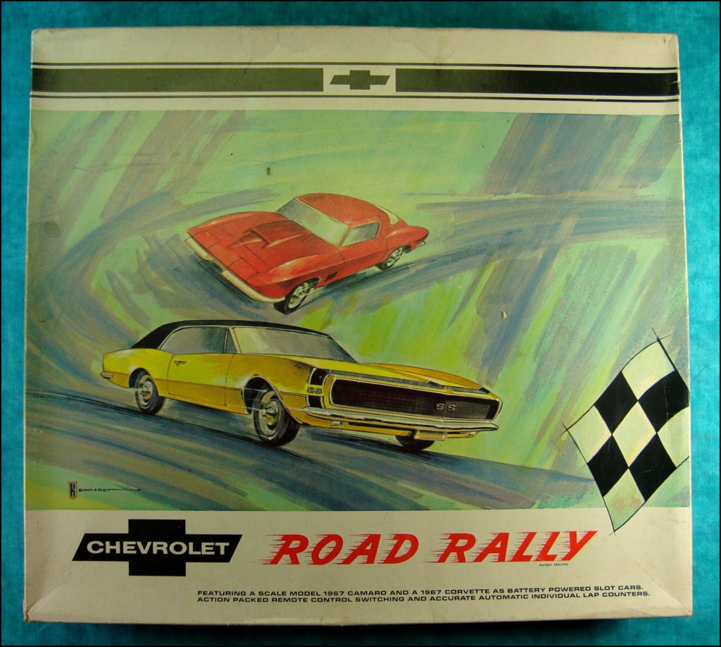  Brettspiel ; Board game ; Jeu de société ; Republic Tool ; slot cars ; 1967 ; Chevrolet Road Rally ; Chevrolet Corvette 1967 ; Chevrolet Camaro SS 1967 ;