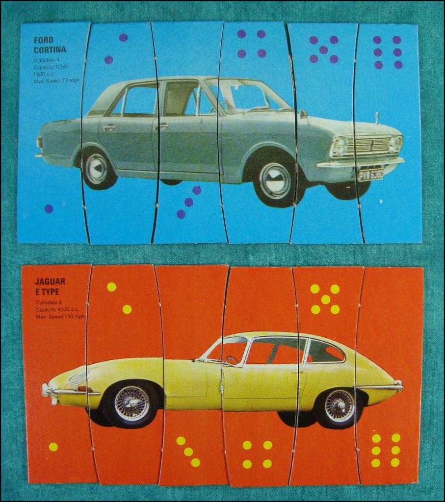 Brettspiel ; Board game ; Jeu de société ; 1967 ; Car Capers ; Spear's Games ; Morris Mini Minor ; Hillman Hunter ; Ford Cortina ; Triumph TR4 ; Rolls Royce ; Vauxhall VX4 ; Volkswagen V.W. 1300 ; Hispano Suiza ; Rover Mark 3 ; Jaguar Type E ; Ford Corsair