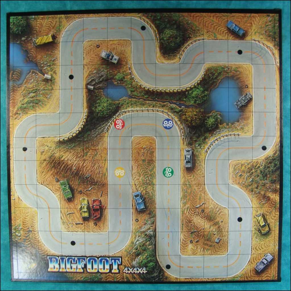 Brettspiel ; Board game ; Jeu de société ; 1985 ; MB ; Milton Bradley ; Bigfoot 4x4x4 ; Monster Trucks ; Porsche ; Ferrari ; Chevrolet Corvette ; Lamborghini ; 
