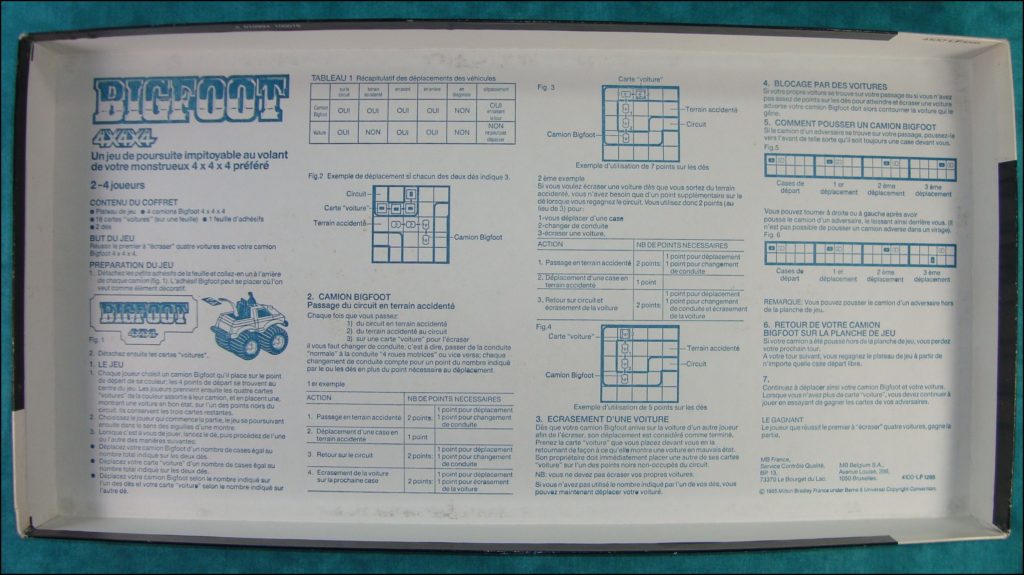 Brettspiel ; Board game ; Jeu de société ; 1985 ; MB ; Milton Bradley ; Bigfoot 4x4x4 ; Monster Trucks ; Porsche ; Ferrari ; Chevrolet Corvette ; Lamborghini ; 