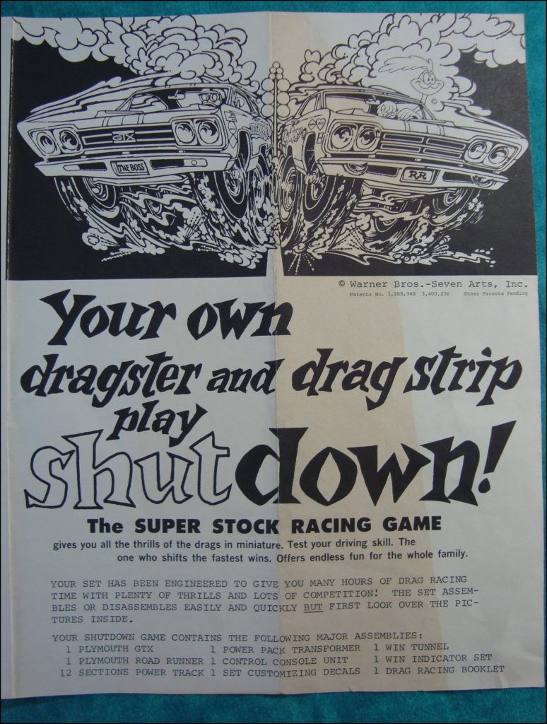 Brettspiel ; Board game ; Jeu de société ; Republic Tool ; slot cars ; 1968 ; Shutdown ! ; Plymouth super stock racing set ; Plymouth GTX The Boss ; Plymouth Road Runner Beep Beep ; Sox & Martin ; Dragster