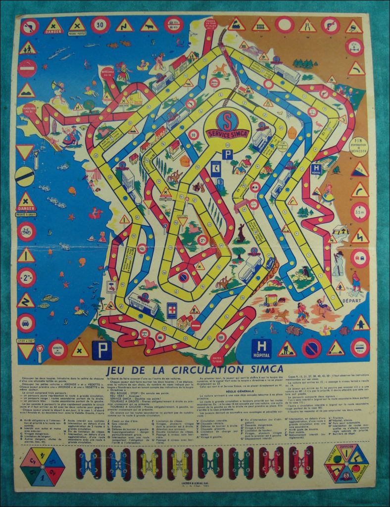 Brettspiel ; Board game ; Jeu de société ; 1957 ; Jeu de la circulation Simca ; éd. Lacroix Lebeau ; PROMO Simca ; Simca Aronde berline Luxe ; Simca Vedette ; Simca Aronde Grand Large