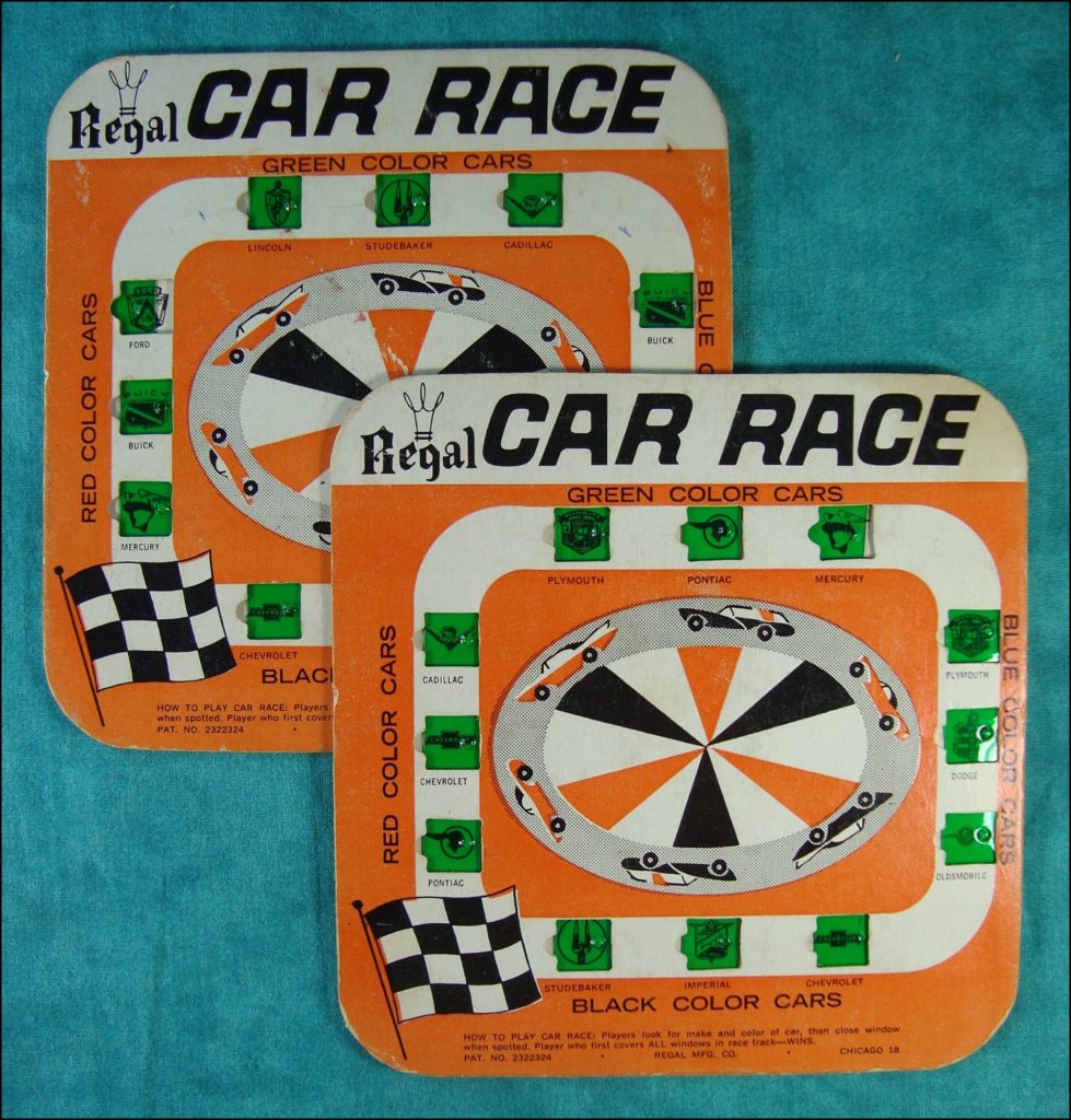 Brettspiel ; Board game ; Jeu de société ; 1955/60 ; Car Race ; bingo ; Regal ; Plymouth ; Pontiac ; Mercury ; Cadillac ; Chevrolet ; Dodge ; Olsmobile ; Studebaker ; Imperial ;