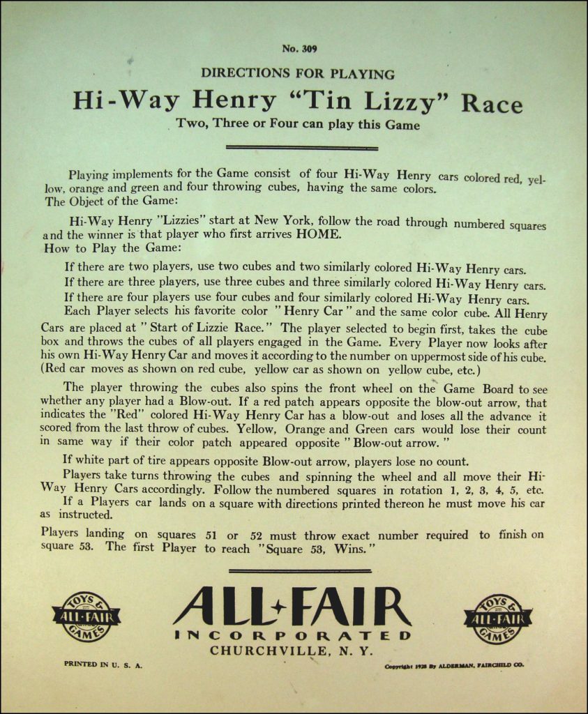 1929 ; Hi-Way Henry ; Oscar Hitt ; Tin Lizzy race ; Ford model T ; All Fair game ; Fairchild Corporation ; Pim Pam Poum ; Katzenjammer Kids ; Wagen Brettspiel ; vintage cars Board game ; Jeu de société automobile ; 
