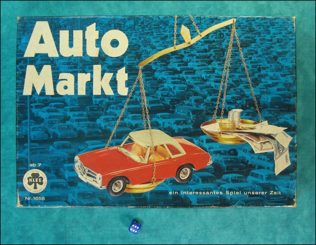 Auto Markt ; KLEE Spiele 1656 ; 1963 ; Mercedes-Benz 230 SL ; 250 SL ; 280 SL ; Opel Kadett Kapitan Olympia ; Citroen DS ; Simca 8 1200 ; Combi VW Coccinelle Käfer Ladybug ; Aral ; 