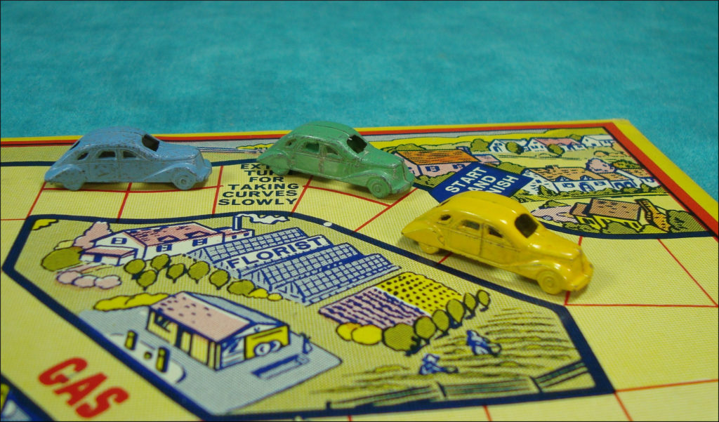  1938-45 ; Goin' to town ; All Fair ; Fairchild ; vintage car-themed board game ; ancien jeu de société automobile ; Antikes Brettspiel Thema Automobile