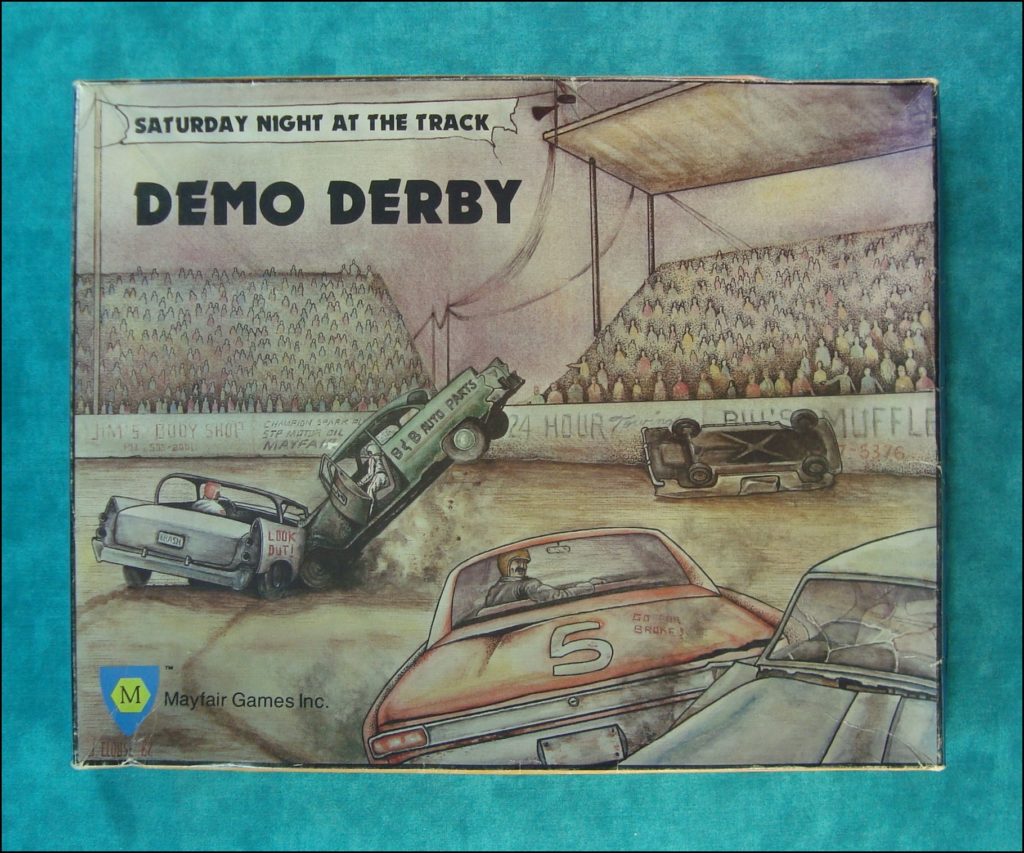  1982 ; Demo Derby ; Saturday night at the track ; Mayfair Games ; stock car ; demolition derby ; 1967 Chevrolet Impala ; vintage car-themed board game ; ancien jeu de société automobile ; Antikes Brettspiel Thema Automobil ; 