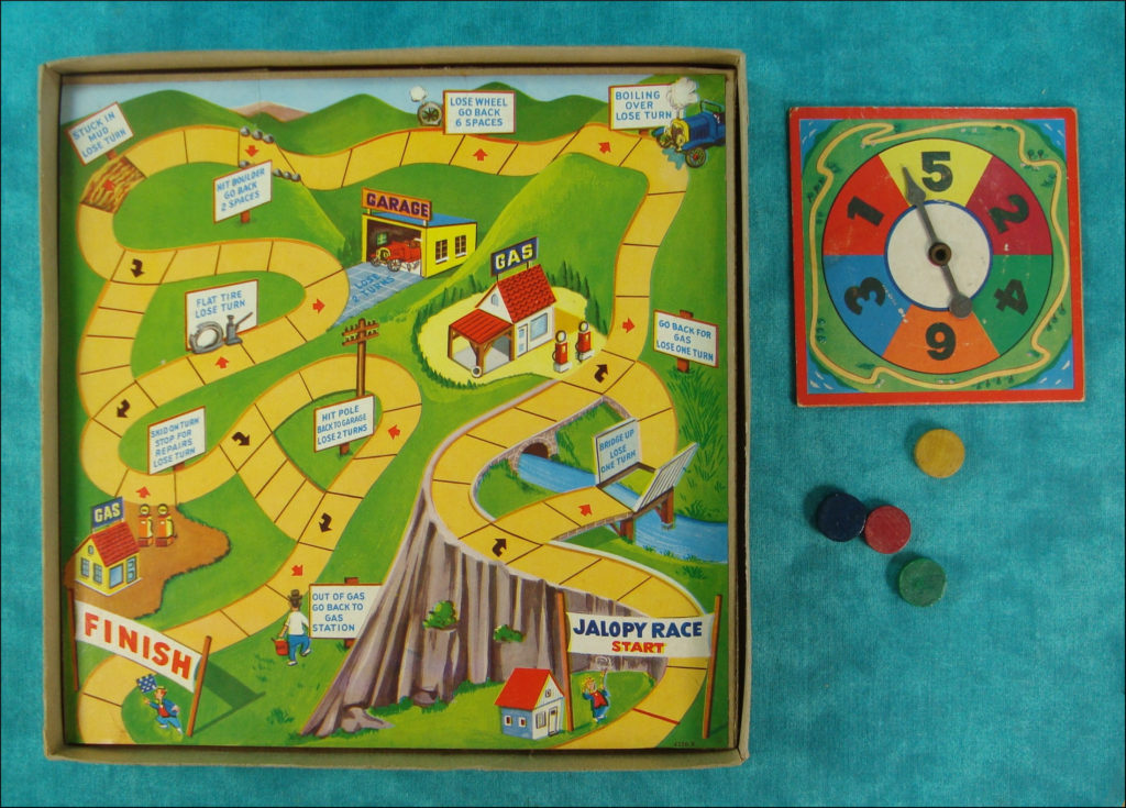  1943-64 - Jalopy Race, Milton Bradley ; MB ; vintage car-themed board game ; ancien jeu de société automobile ; Antikes Brettspiel Thema Automobil ; 