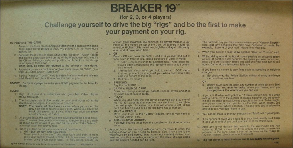 1976 ; Breaker 19 ; MB ; Milton Bradley ; CB ; Kenworth W900 W-900 ; vintage car-themed board game ; ancien jeu de société automobile ; Antikes Brettspiel Thema Automobil ; 